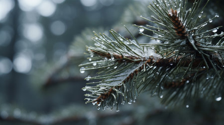 A frozen pine branch in winterの素材