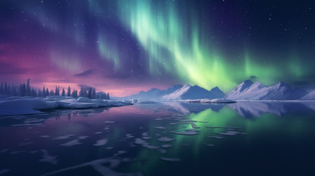 The Northern Lights above a lake in the mountainsの素材