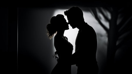 Silhouettes of lovers kissingの素材