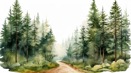 Conifer forest with a path in watercolor clipart styleの素材