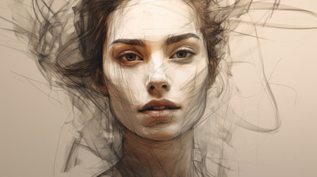 Portrait of a girl created in pencil, with linesの素材