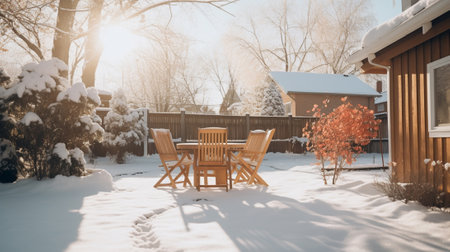A backyard of a house full of snowの素材