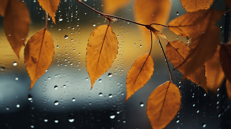 An autumn scene with rain and leaves on the windowの素材