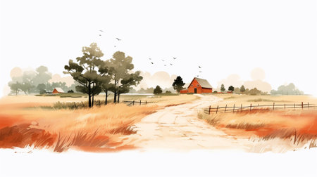 A rural landscape in watercolor, clip art styleの素材