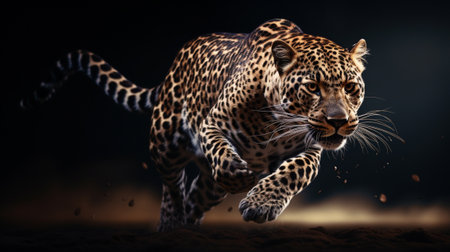 A leopard in motion on a black backgroundの素材