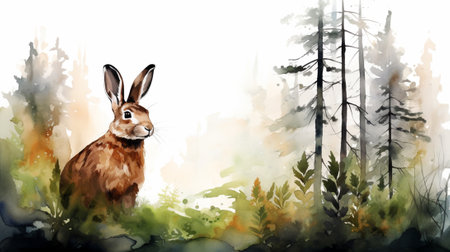A rabbit in the forest, watercolor clipart styleの素材