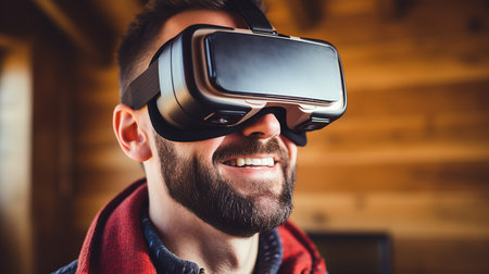 American man happily wearing his virtual reality goggles in their wooden entertainment roomの素材