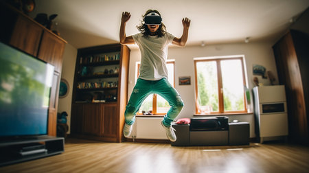 American man happily wearing his virtual reality goggles in their modern living roomの素材