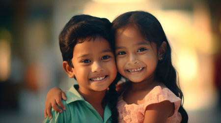 Cambodian siblings taking a photo while playing in the streetの素材
