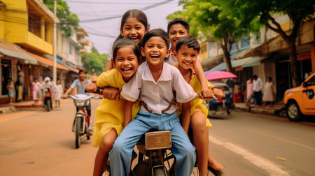 Cambodian children enjoying their playtime while riding a bicycle in a streetの素材