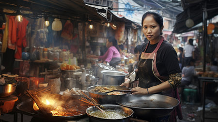 Female Thai's Vendor in the street of Bangkok cooking street foods in front of her costumerの素材
