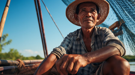 filipino 50 year old fisher man riding the boat in the riverの素材