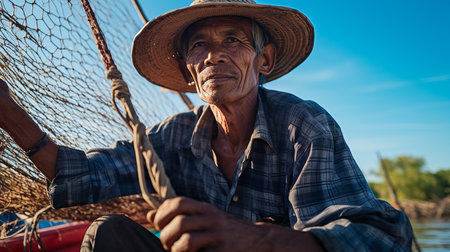 Asian 50 years old fisherman casting a net on a lakeの素材