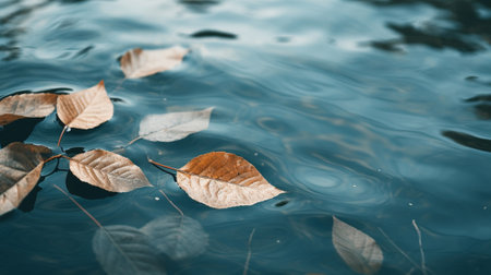 Dry leaves on the water of a riverの素材
