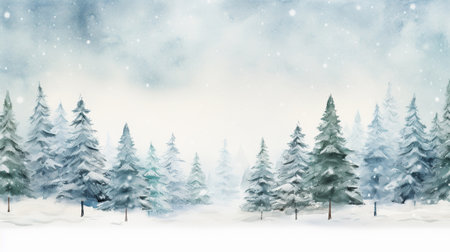 A watercolor landscape with a forest of fir trees full of snowの素材
