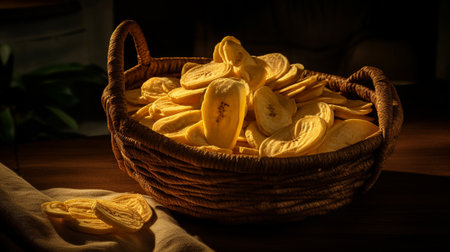 Dried banana slices in a basketの素材