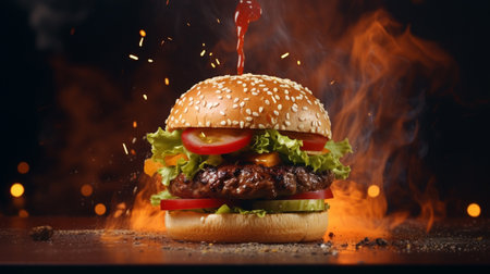 A delicious burger with air vapourの素材