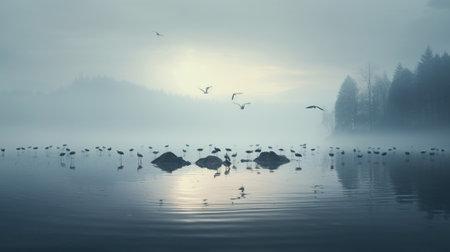 Birds on a lake in the fogの素材
