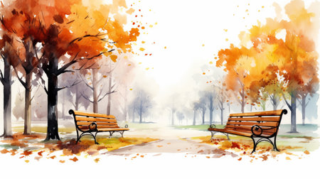A bench in the park in autumn, watercolor clipart styleの素材