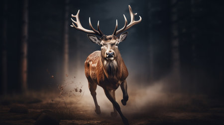 A deer runs across a field at nightの素材