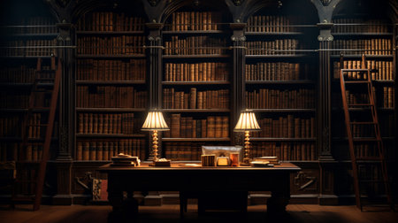 A vast old library with many booksの素材
