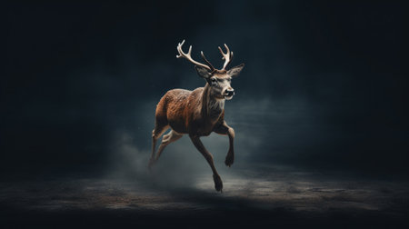 A deer runs across a field at nightの素材