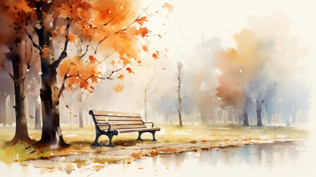A bench in the park in autumn, watercolor clipart styleの素材