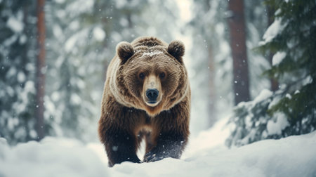 A brown bear in the forest in winterの素材