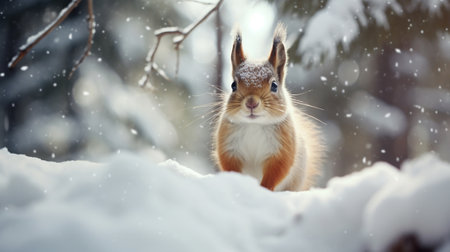 A squirrel in the forest in winterの素材