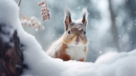 A squirrel in the forest in winterの素材