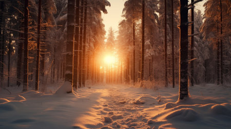 A sunset in the forest in winterの素材