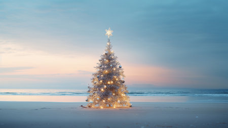 A decorated Christmas tree on the beachの素材