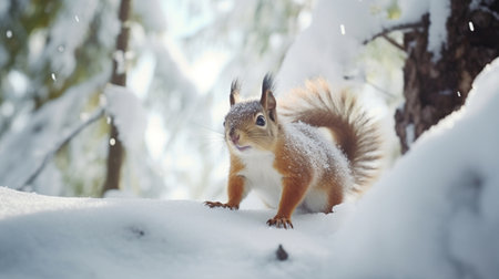 A squirrel in the forest in winterの素材