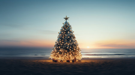 A decorated Christmas tree on the beachの素材