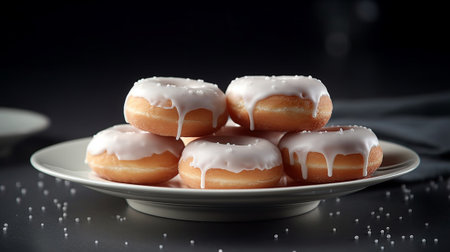 Donuts with vanilla glaze on a plateの素材