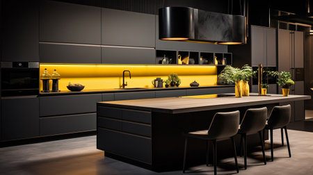 Black kitchen with yellow accentsの素材
