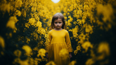 A little girl in yellow in a field with yellow flowersの素材