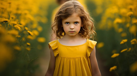 A little girl in yellow in a field with yellow flowersの素材