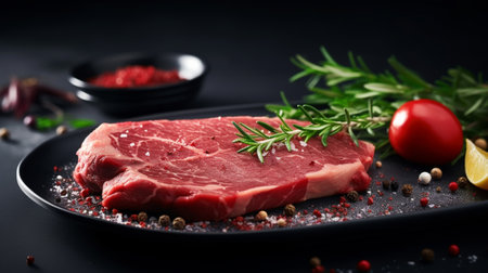 A beef steak on a ceramic plateの素材