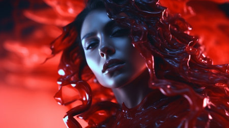 A beautiful woman with red paint on her faceの素材