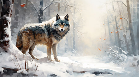 A wolf in the snow in the forest, oil paint, clipartの素材