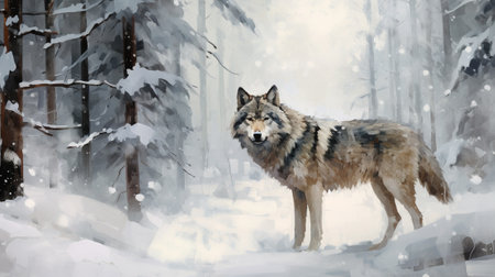 A wolf in the snow in the forest, oil paint, clipartの素材