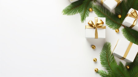 Gifts and fir branches on a white backgroundの素材