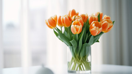 Orange and white tulips in a glass vaseの素材