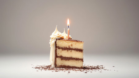 A slice of delicious cake with a candleの素材