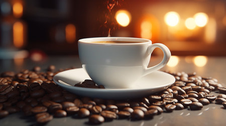 A cup of coffee with coffee beans on a tableの素材