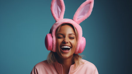 A laughing girl wearing headphones with rabbit earsの素材