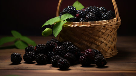A basket of fresh ripe blackberries on a tableの素材