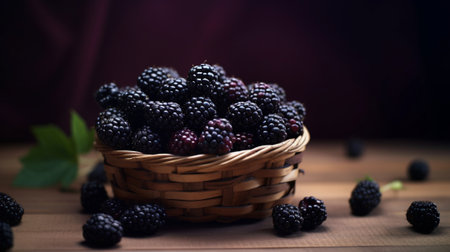 A basket of fresh ripe blackberries on a tableの素材
