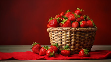 A basket of fresh ripe strawberries on a tableの素材